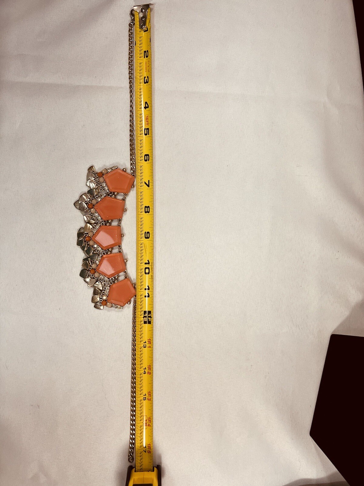 ANN TAYLOR LOFT Gold CHAIN 18” STATEMENT NECKLACE Coral GEM RHINESTONE 3” Extend