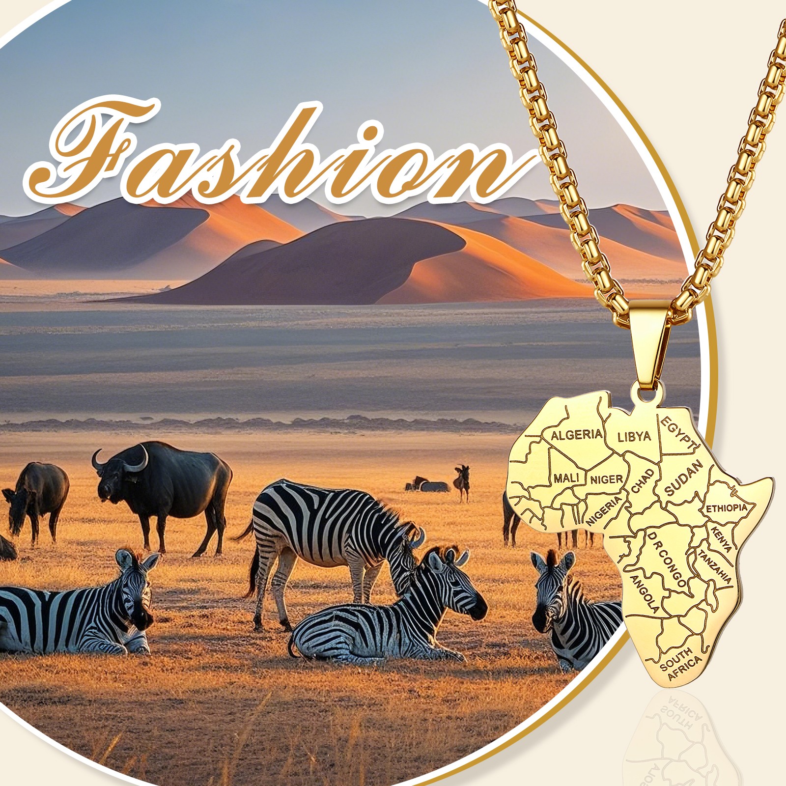 Men’s African Necklace Stainless Steel Africa Map Pendant Necklace 22 Inch Chain