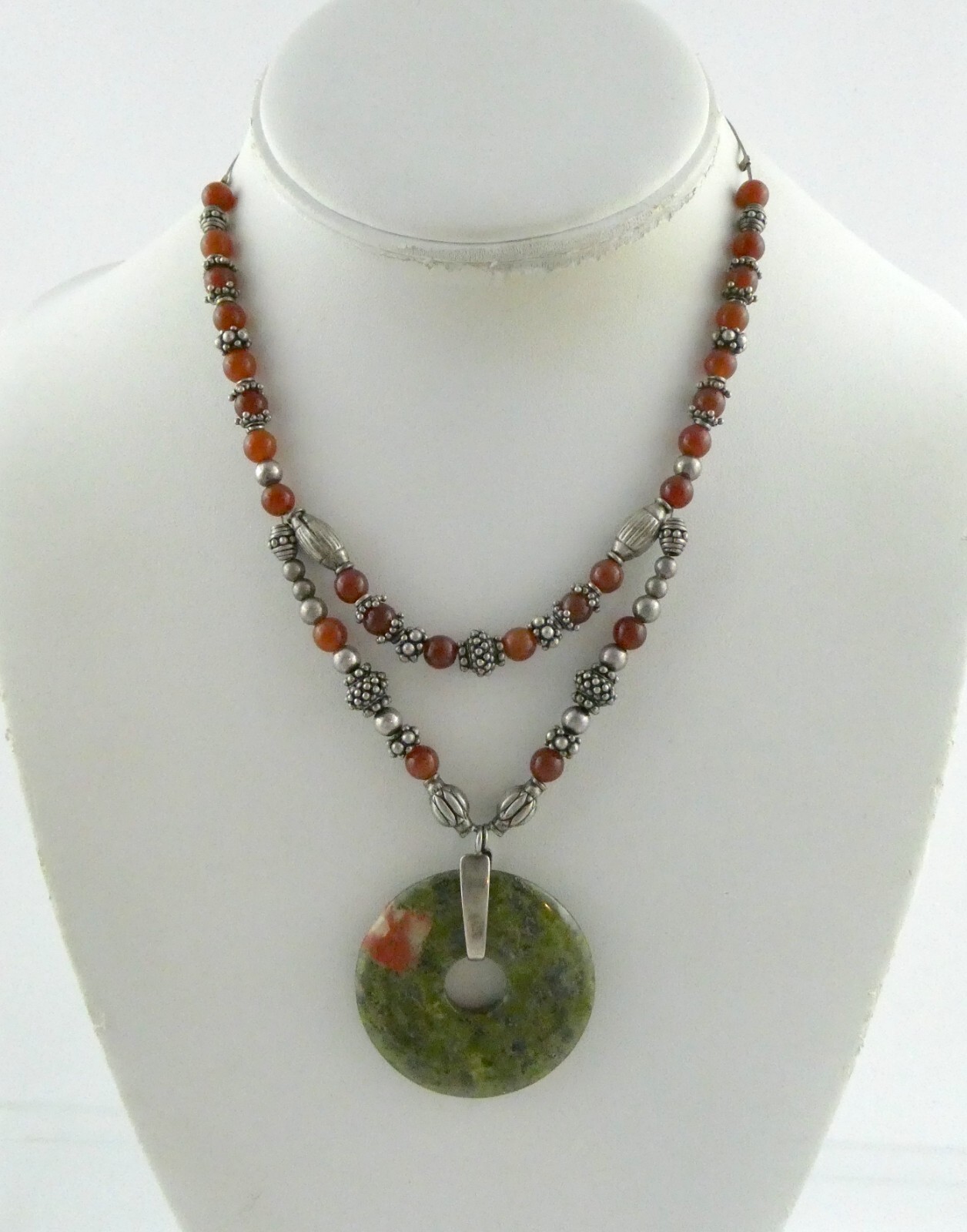 Sterling Silver Unakite Carnelian Double Strand Pendant Necklace 925 44.5g 15 In