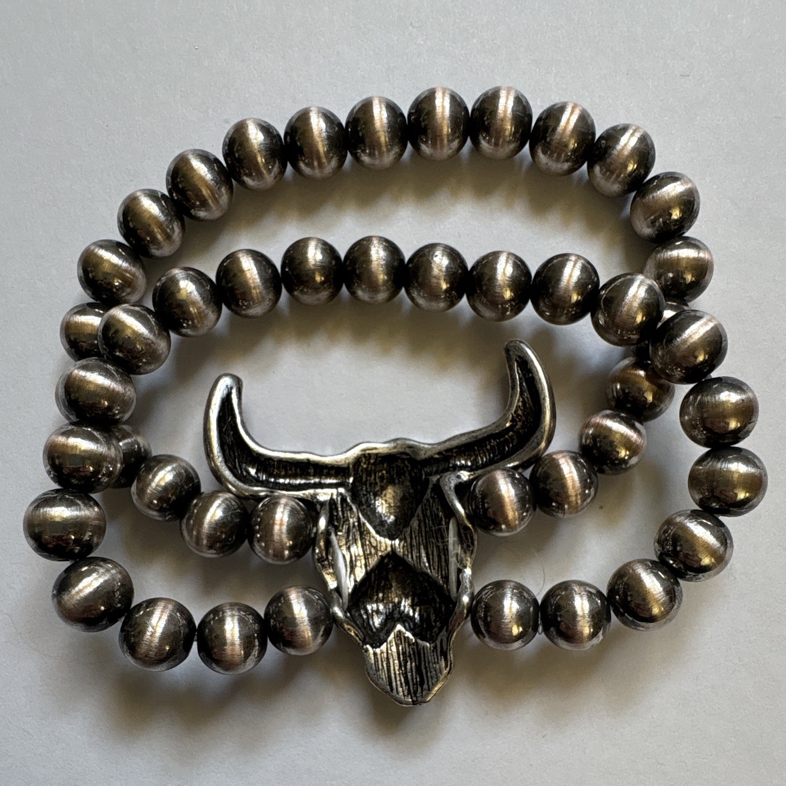 Southwestern Silver Tone Beaded Stretch Bracelet Bull Charm Turquoise Inlay