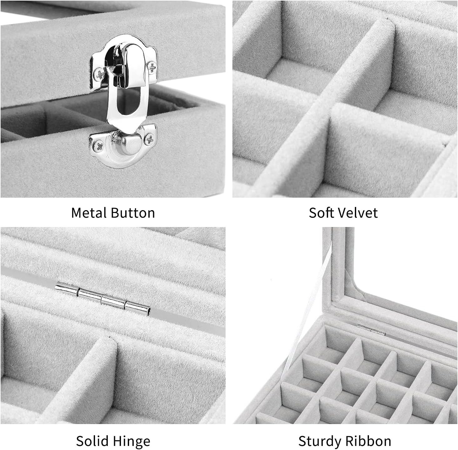 Adjustable Velvet Jewelry Box – 24 Grid Organizer for Rings & Earrings – Grey