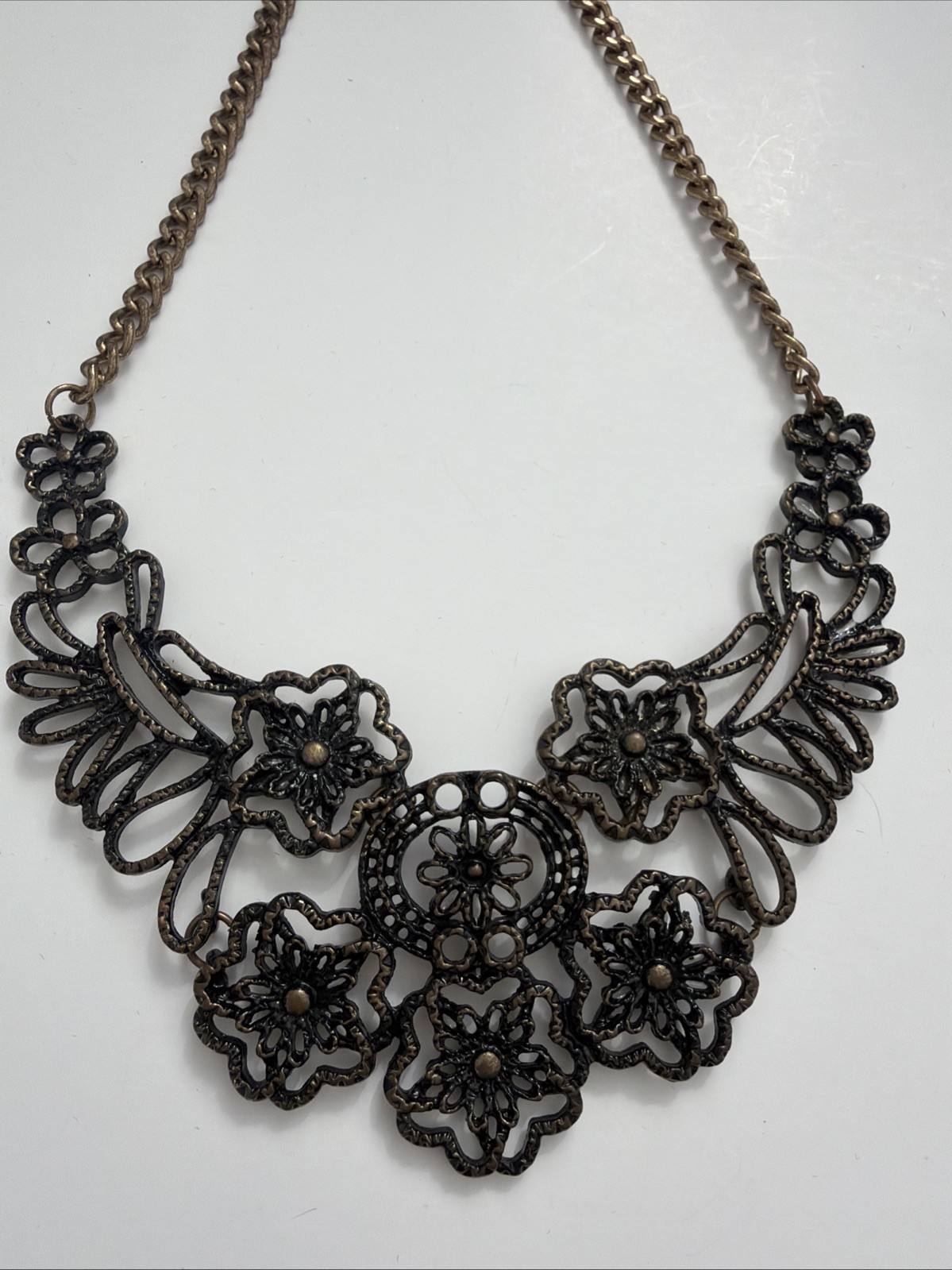 Vintage Style Bronze Filigree Floral Bib Necklace Statement Boho Cottagecore