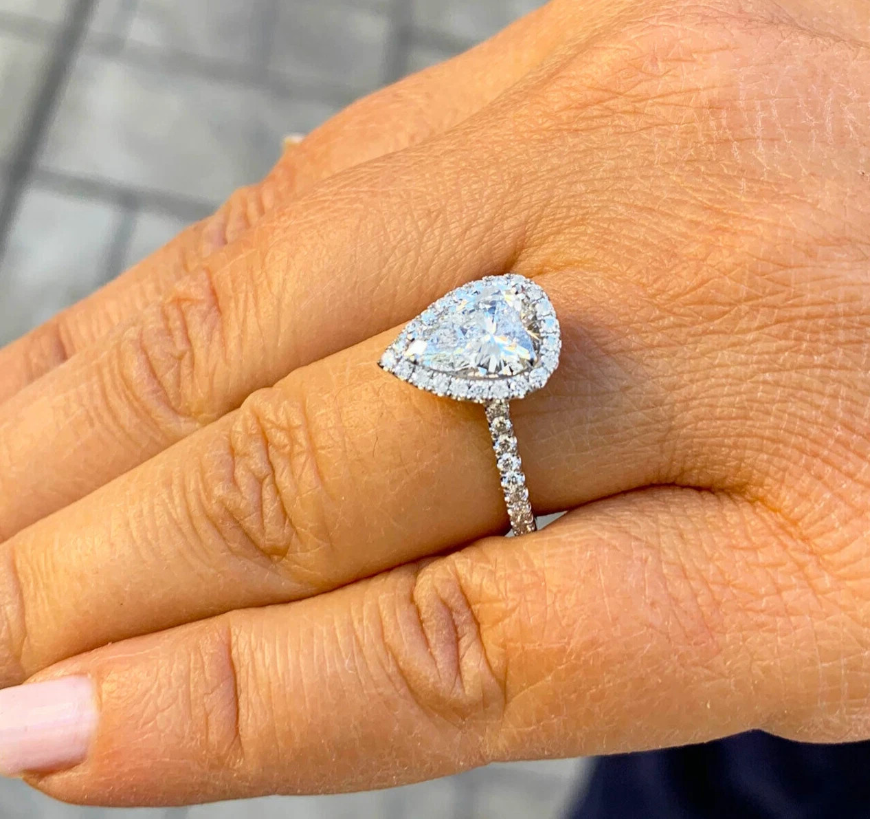 Certified Natural 2ct F/VS1 Pear White Diamond Solid 14K White Gold Wedding Ring