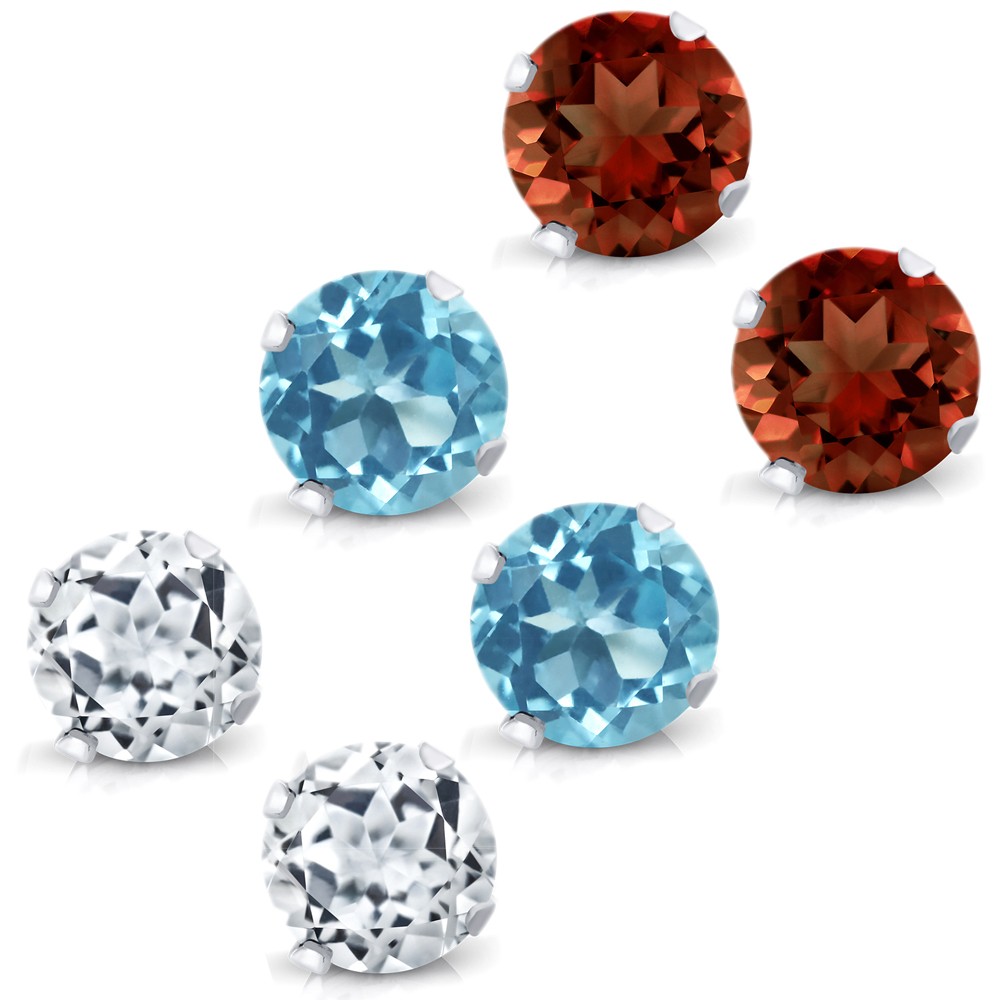 925 Sterling Silver Blue Topaz, White Topaz and Garnet Stud Earrings Set of 3