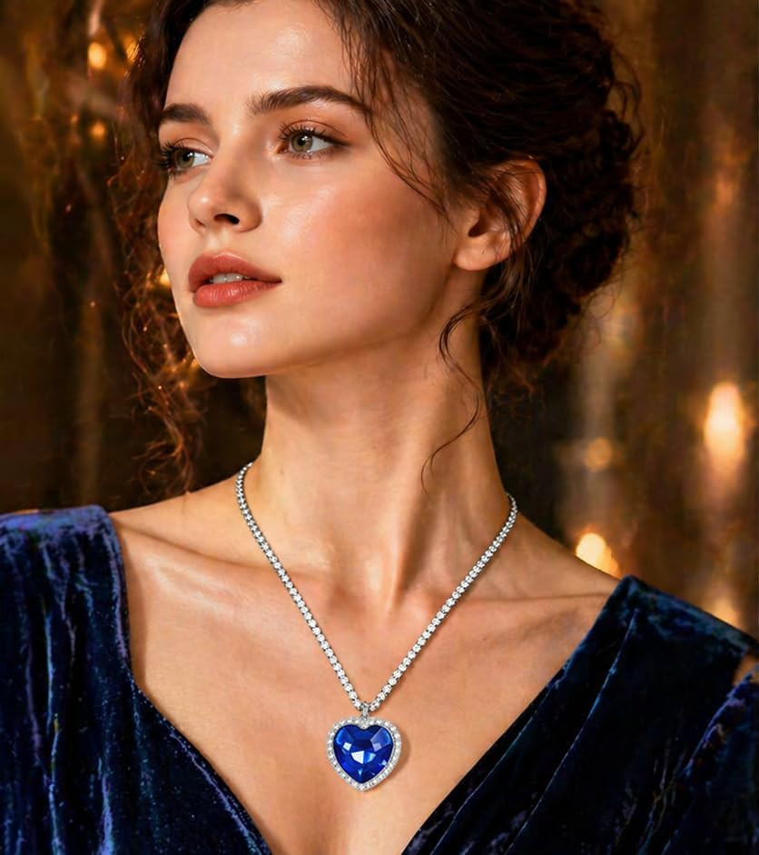 Titanic Heart the Ocean Simulated Blue Sapphire, Silver Necklace Pendants Jewelr