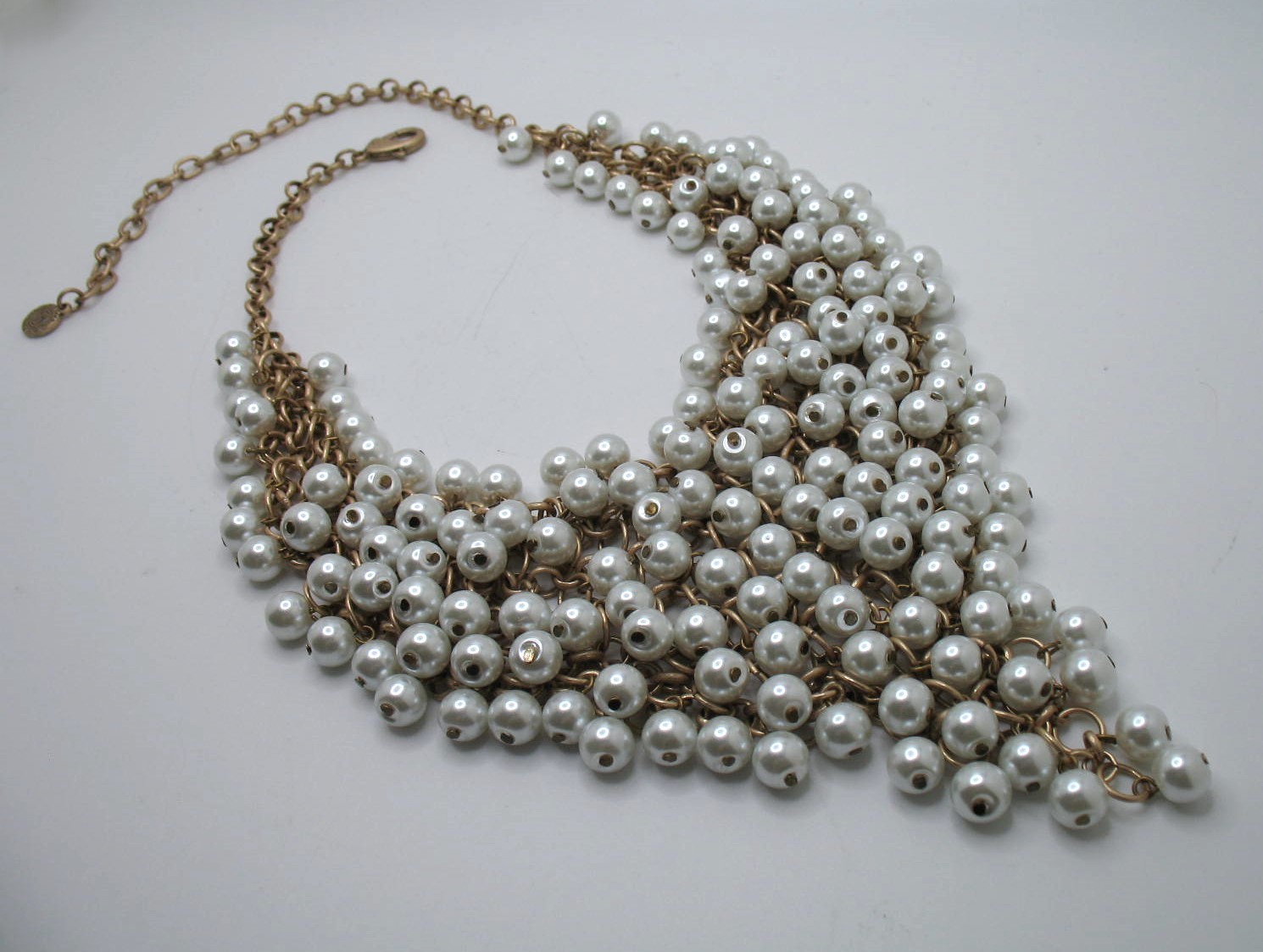 Vintage RJ Graziano statement bib necklace Goldtone chainmail and faux pearls