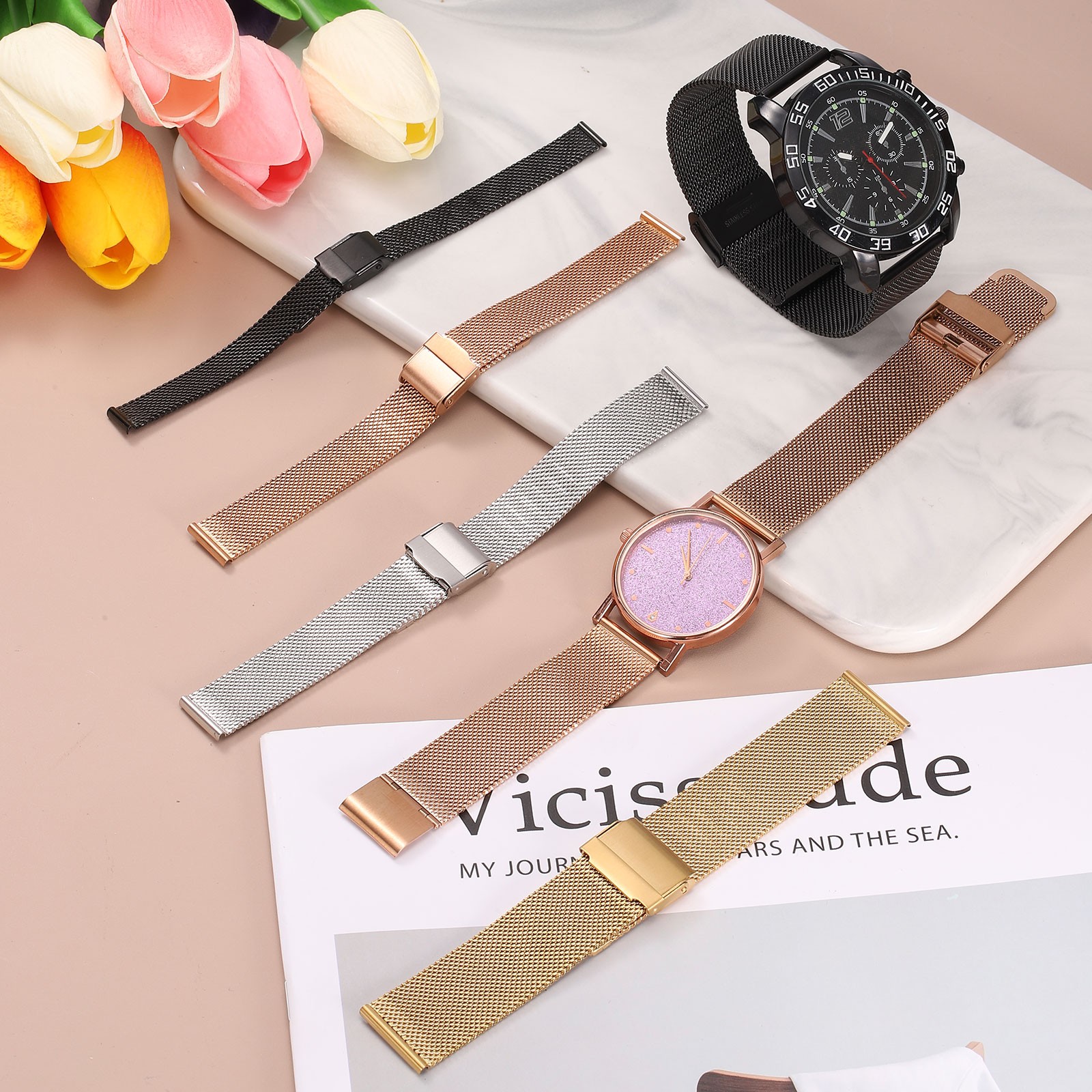 Stainless Steel Mesh Watch Band 15mm Quick Release Watch Strap Silver