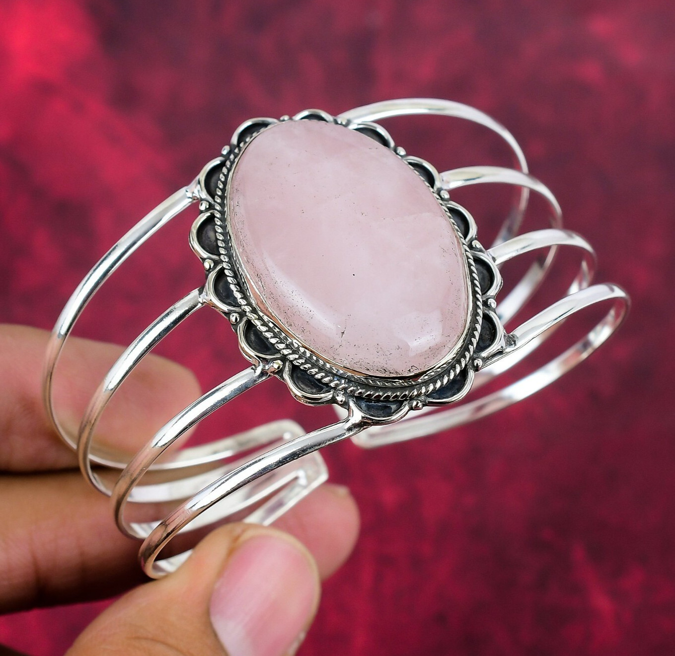 Rose Quartz Gemstone Handmade Bangle 925 Sterling Silver Adjustable Jewelry