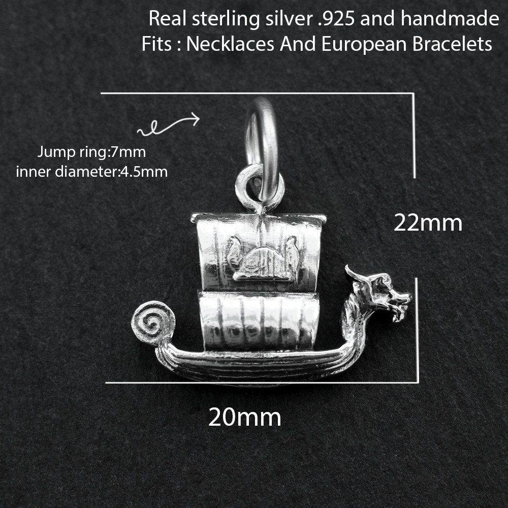 925 Sterling Silver Viking Ship Pendant Charm Dragon Longship Boat For Necklace