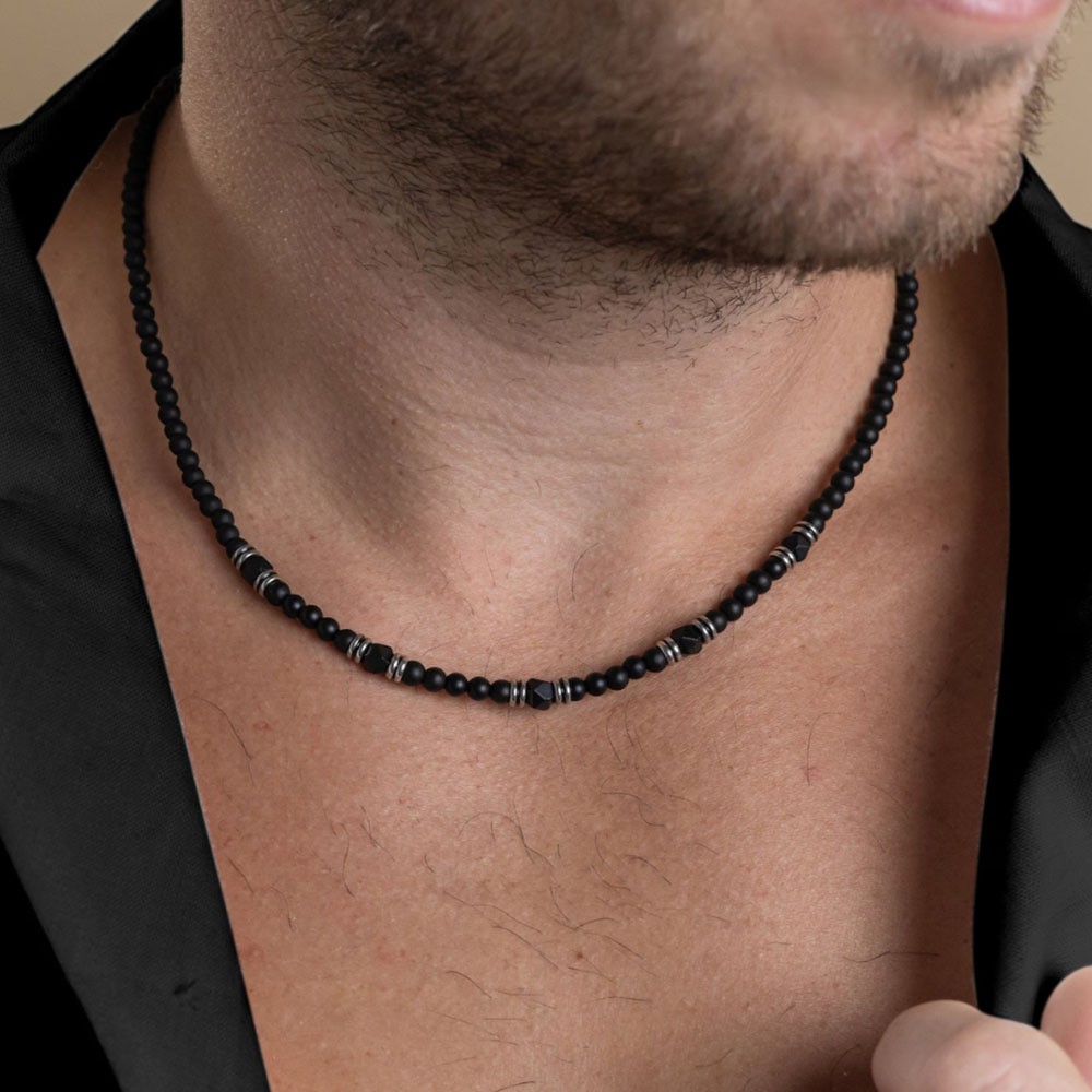 Men Beaded Choker Necklace Hiphop Jewelry Trendy Black Agate Chain Necklace Gift