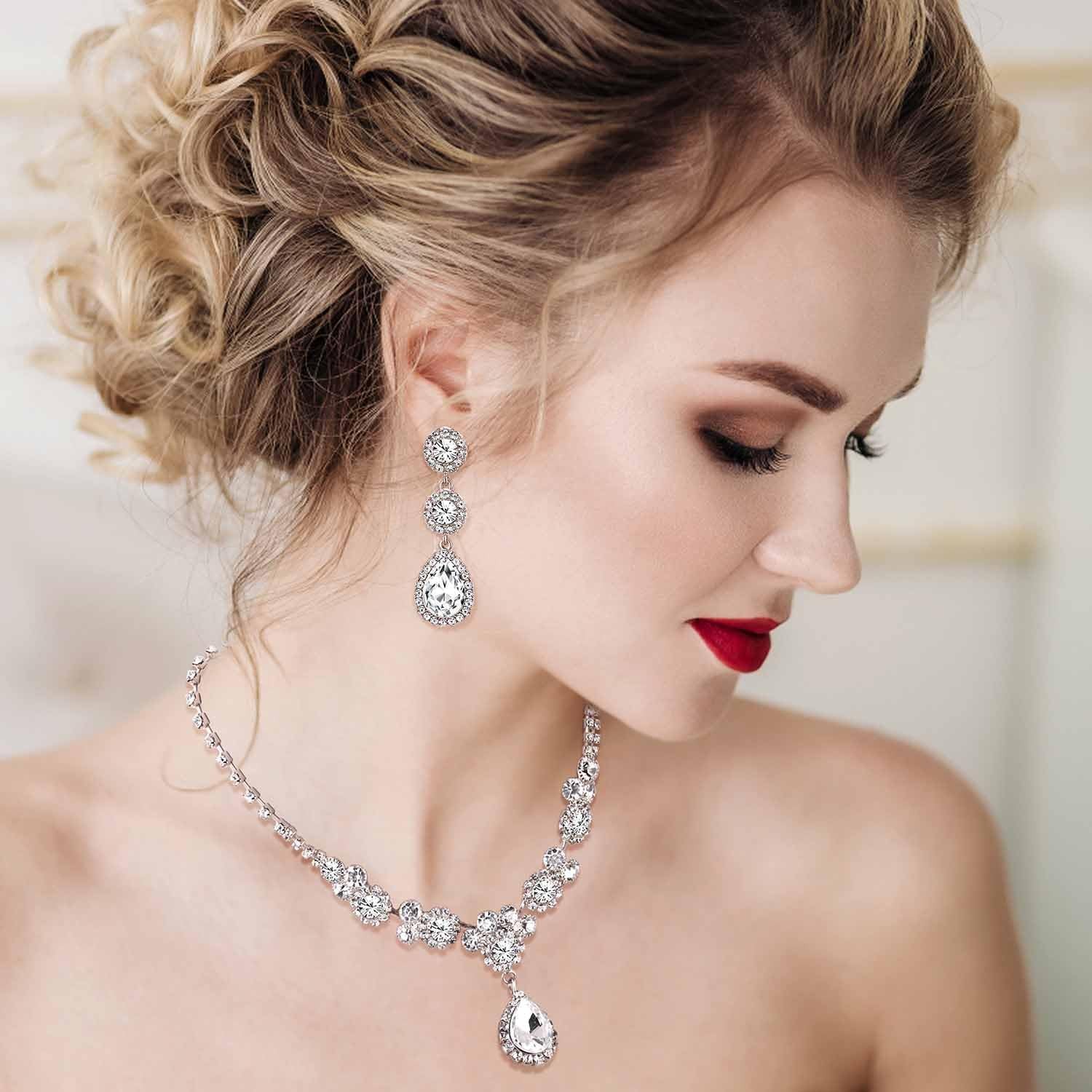 Rhinestone Bridal Jewelry Set Necklace Bracelet Clip on Earrings for Brides Brid