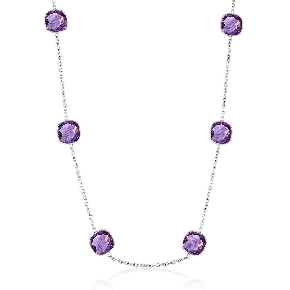 Sterling Silver, Square Bezel-Set, Amethyst Station Necklace – (28.65cttw)