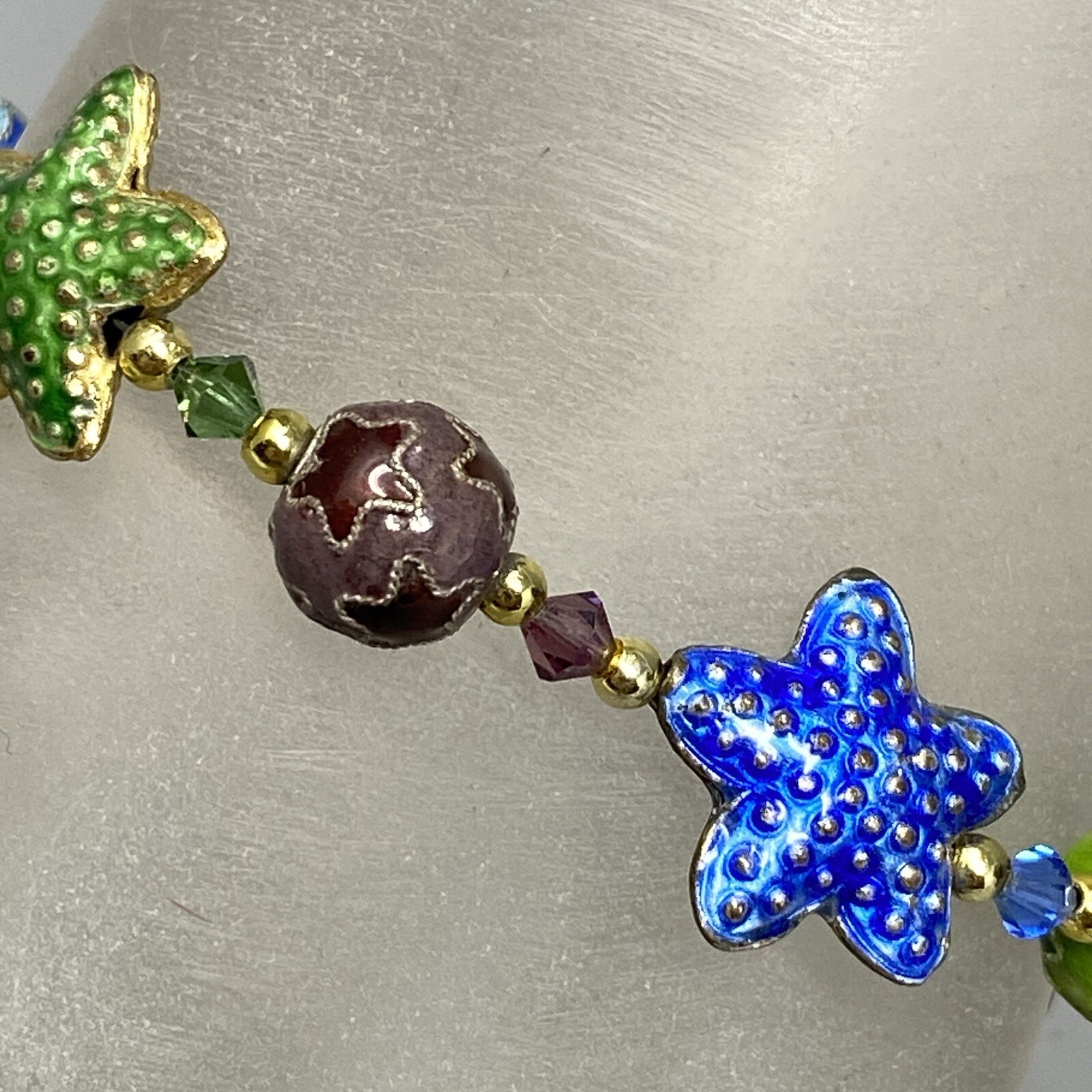 Cloisonne Enamel Bracelet Multicolor Star Shape Pattern Bead Station Crystal 6.7