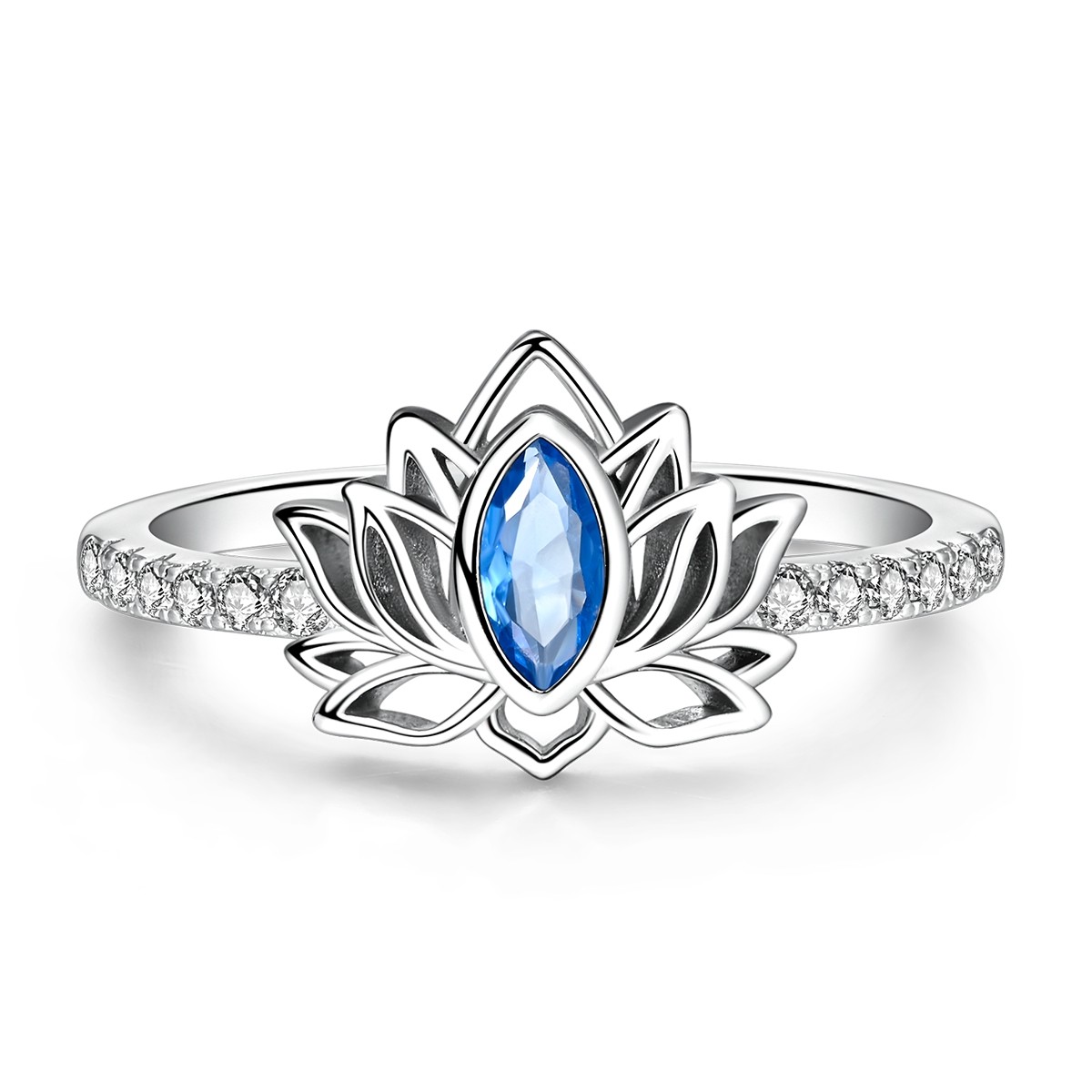 LAZA Original 925 Sterling Silver Ring Sparkling Blue CZ Lotus for Women Jewelry