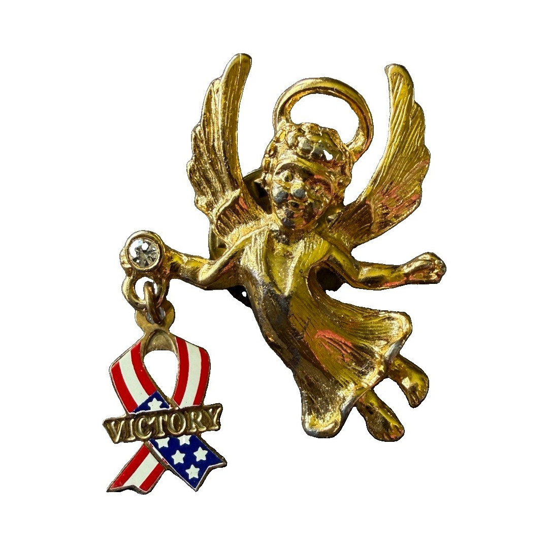 Vintage Gold Tone Flying Angel Pin With Victory Ribbon Charm & Stone