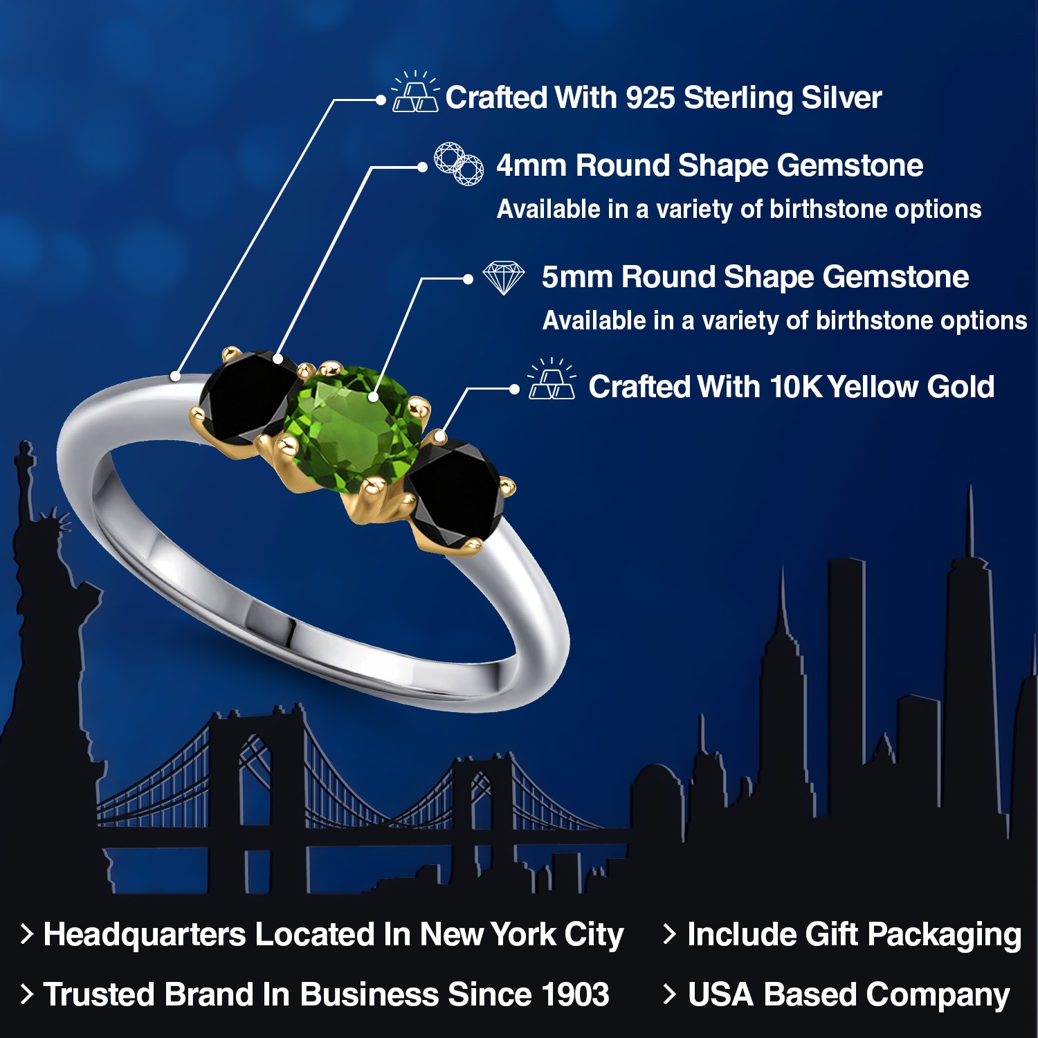 925 Silver and 10K Yellow Gold Green Chrome Diopside and Black Diamond