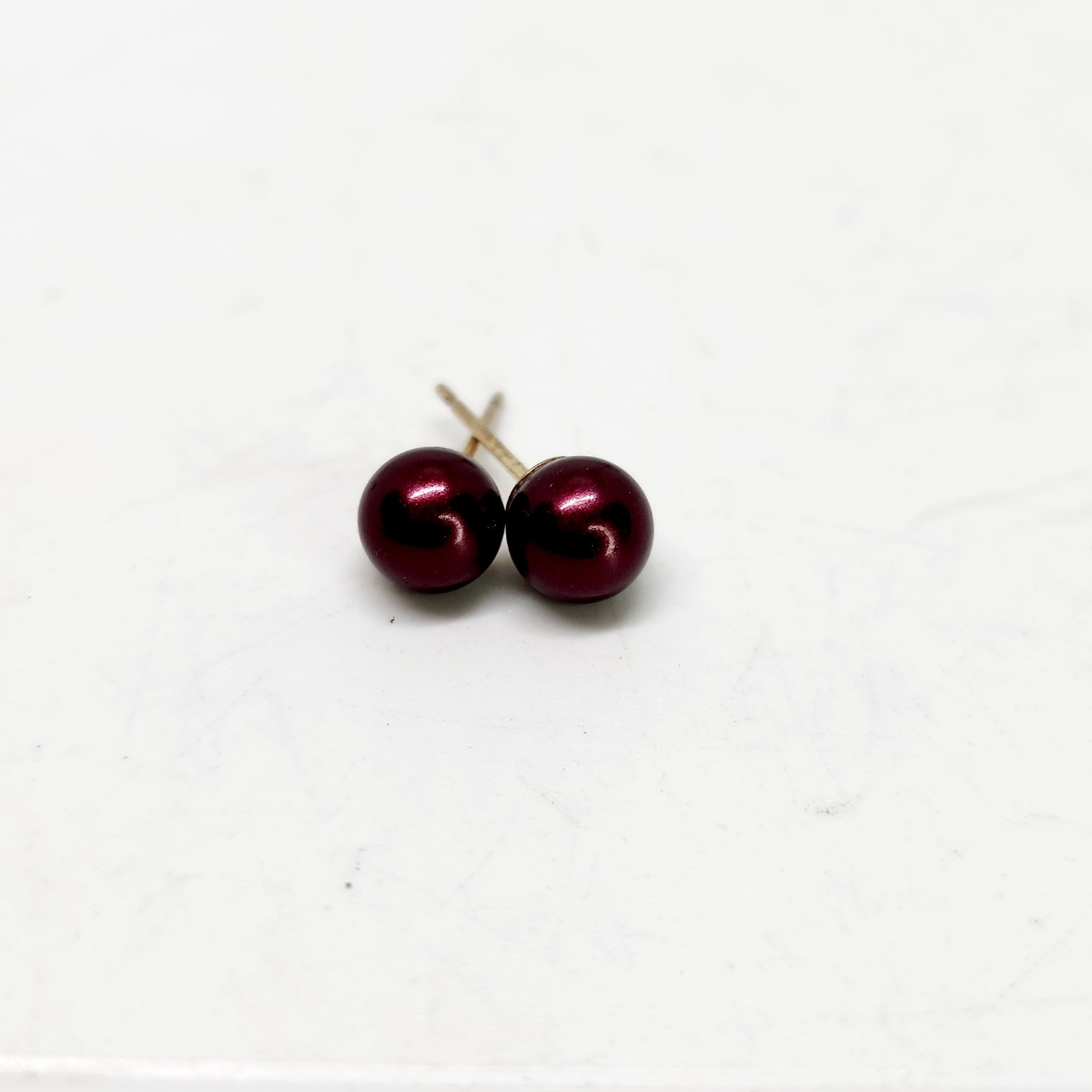 Sterling Silver Red Burgundy Faux Pearl Earrings Glass Studs Dainty Classic