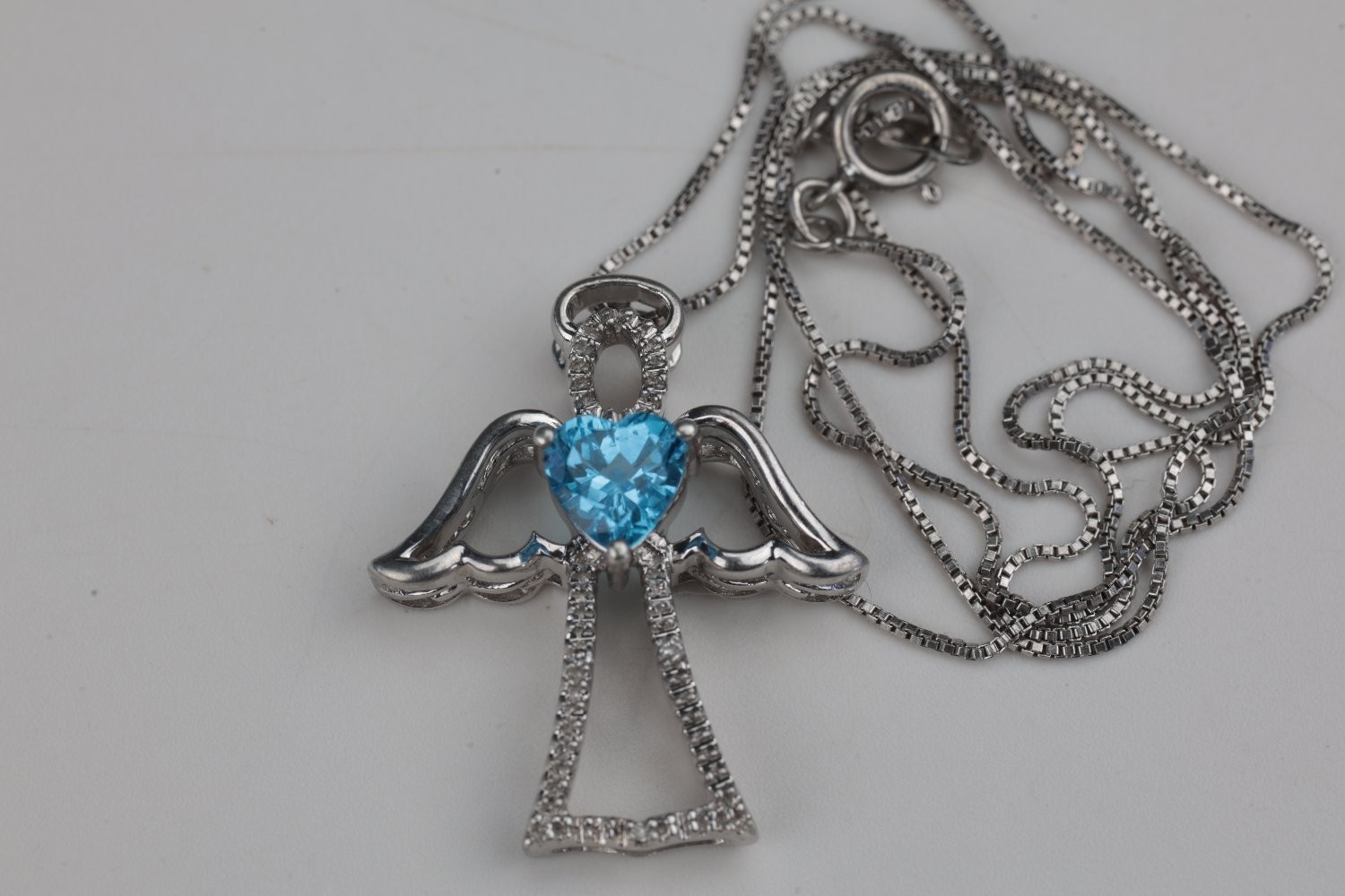 Jwb Sterling Silver 925 Angel Cross Necklace Heart Blue Topaz CZ 18″ Box Chain