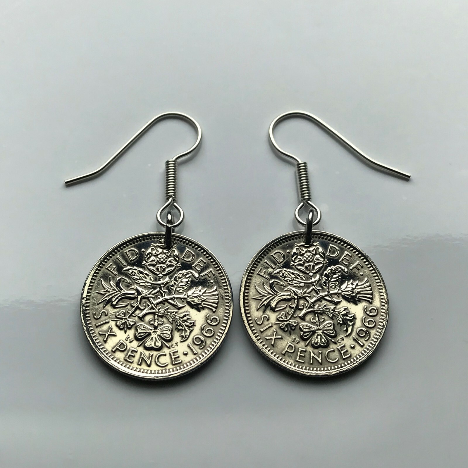UK 6 Pence coin earrings wedding bride Tudor rose thistle shamrock leek e000011