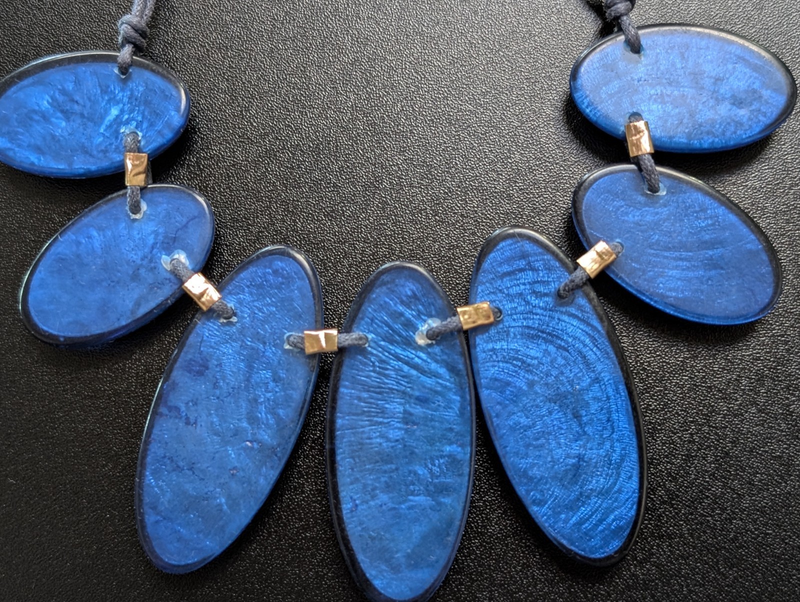 Bold Electric Blue Faux Foil Acrylic Slab Bib Necklace Blue Cord Gold Accent