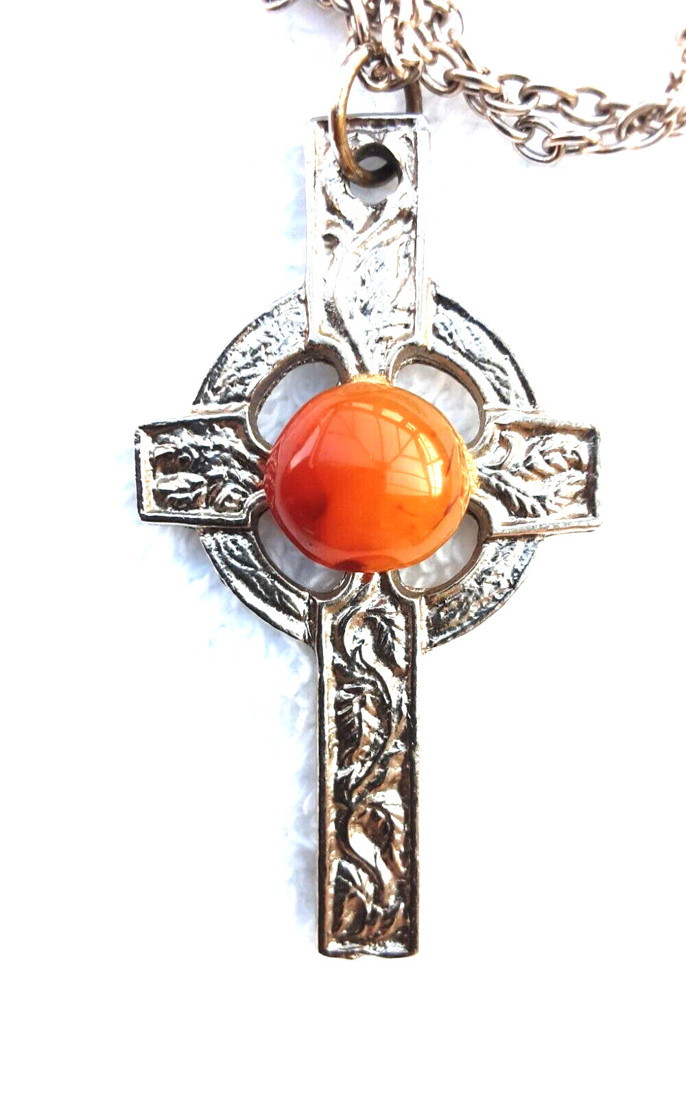 Vintage Pewter Celtic Cross Pendant Necklace Citrine blood orange Glass Stone