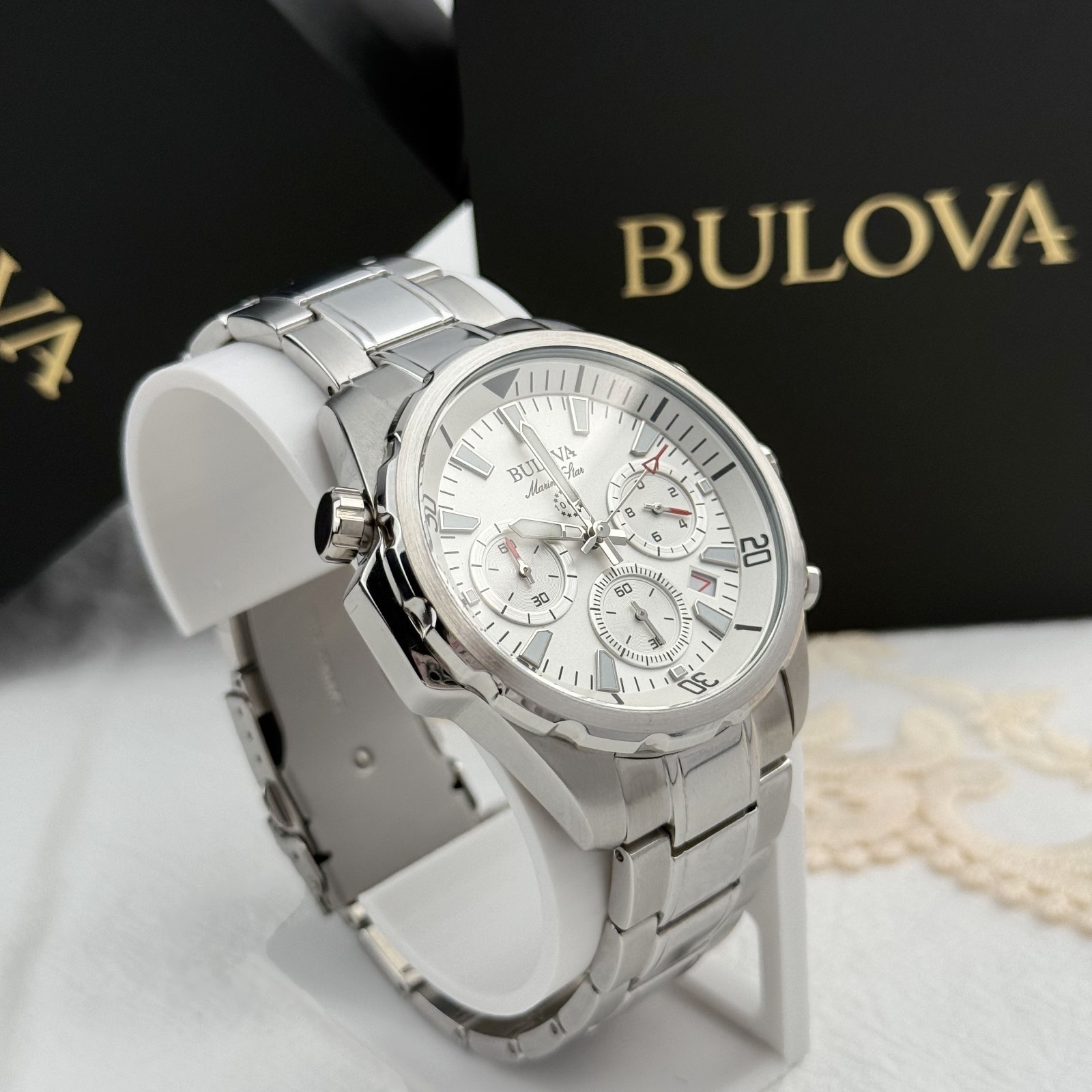 Bulova Marine Star Chronograph White Dial Stainless Men’s Quartz Watch 96B255