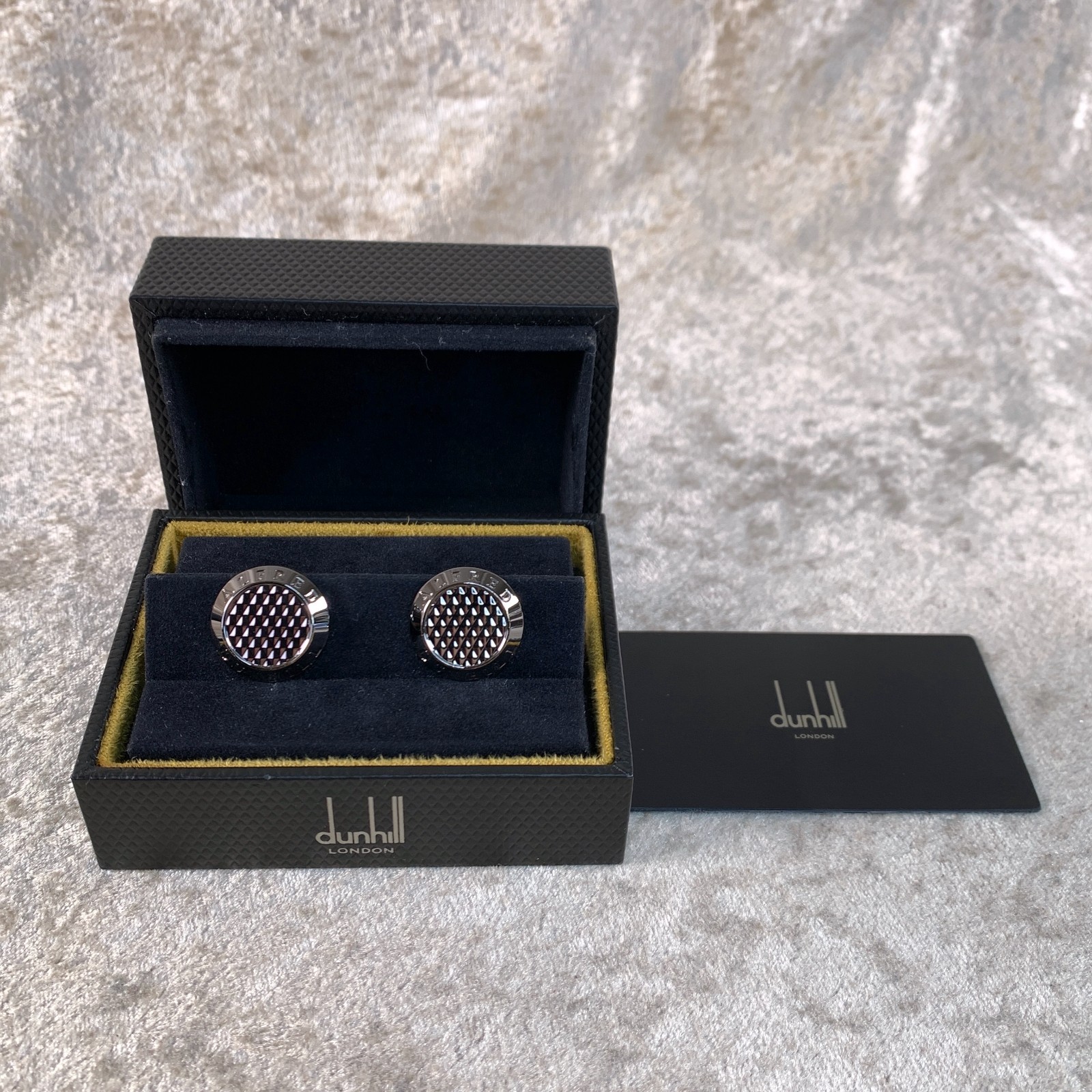 Dunhill Cufflinks Round Dark Silver Diamond Cut Texture with Case & Card