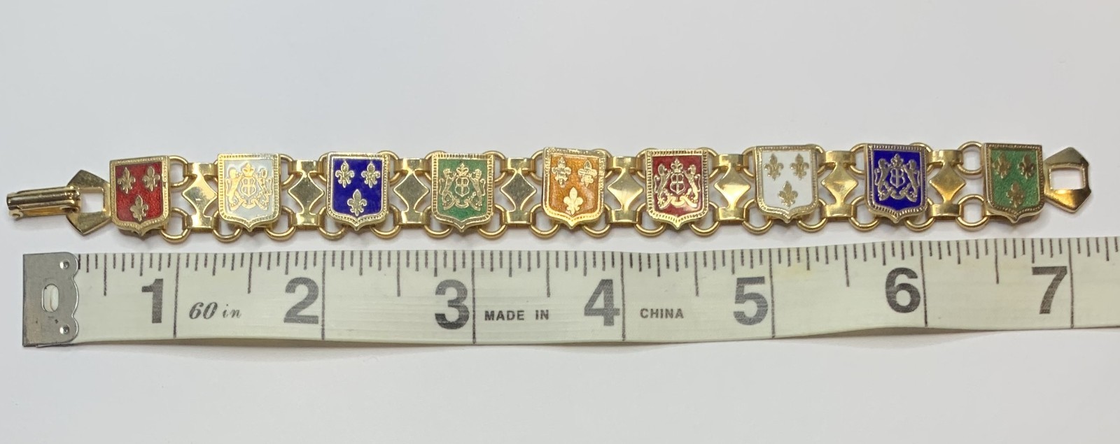 Vintage Gold Tone Enamel French Style Coat of Arms & Fleur De Lis Bracelet