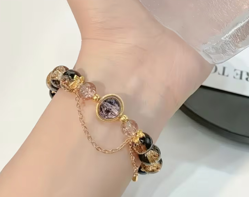 Black & Gold Phantom Quartz Bracelet 10mm Gemstone Beads Adjustable 16cm