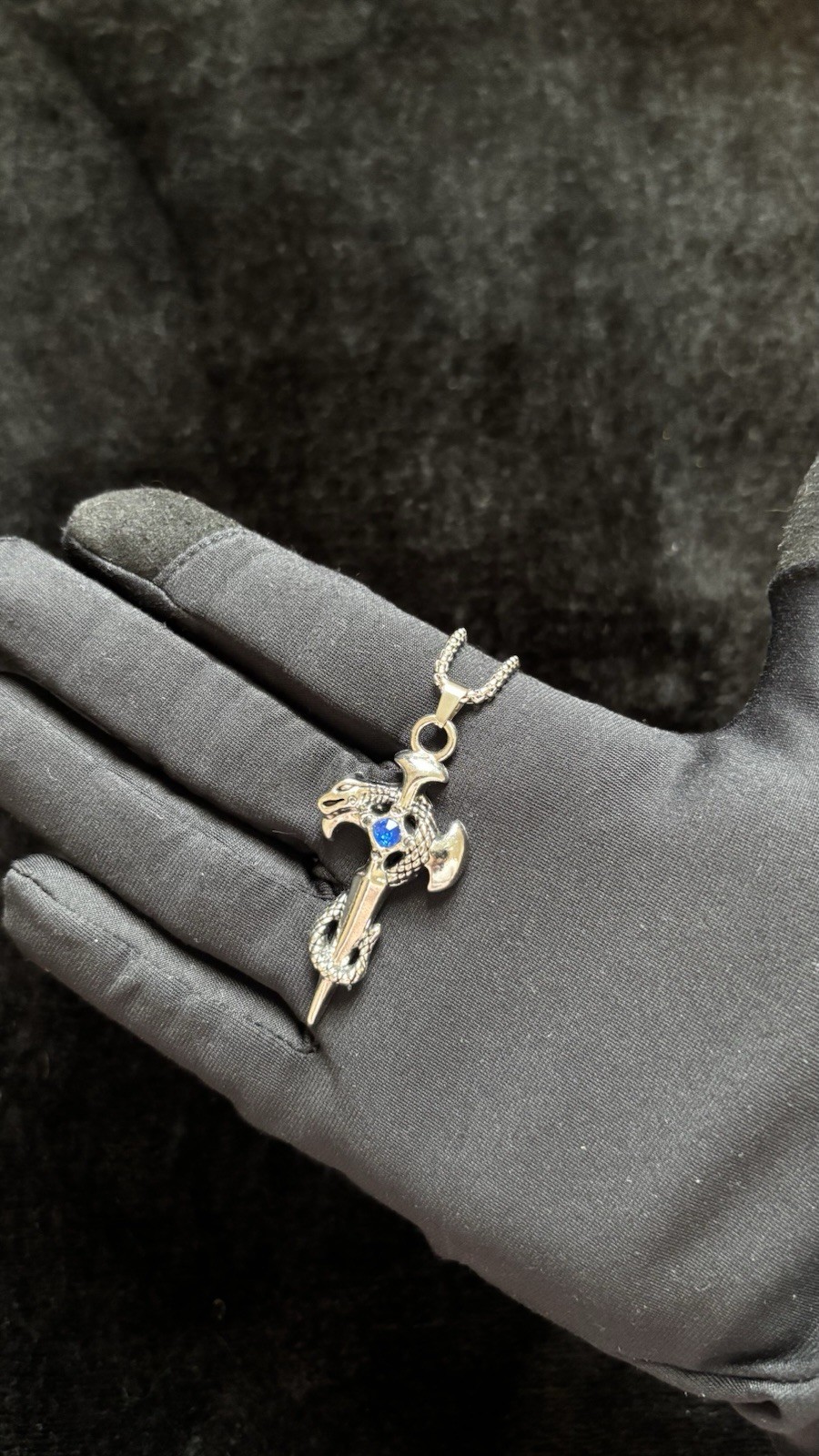 Cross Charm Pendant Silver Tone Metal Blue Round Crystal Stones Gothic Religious