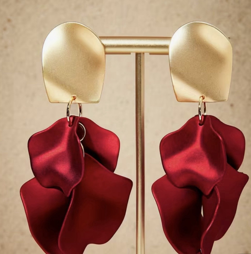 Gold Tone Red Flower Dangle/Drop Earrings Metal No Stone 7.8cm x 3.6cm