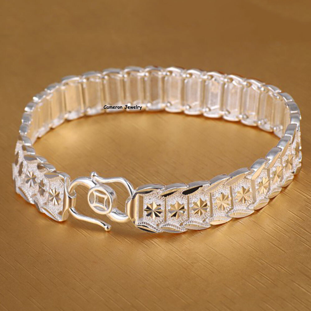 Pure S990 Silver Chain Men Women 13mm Carved Square Watch Bracelet 7.1-8.7inch L