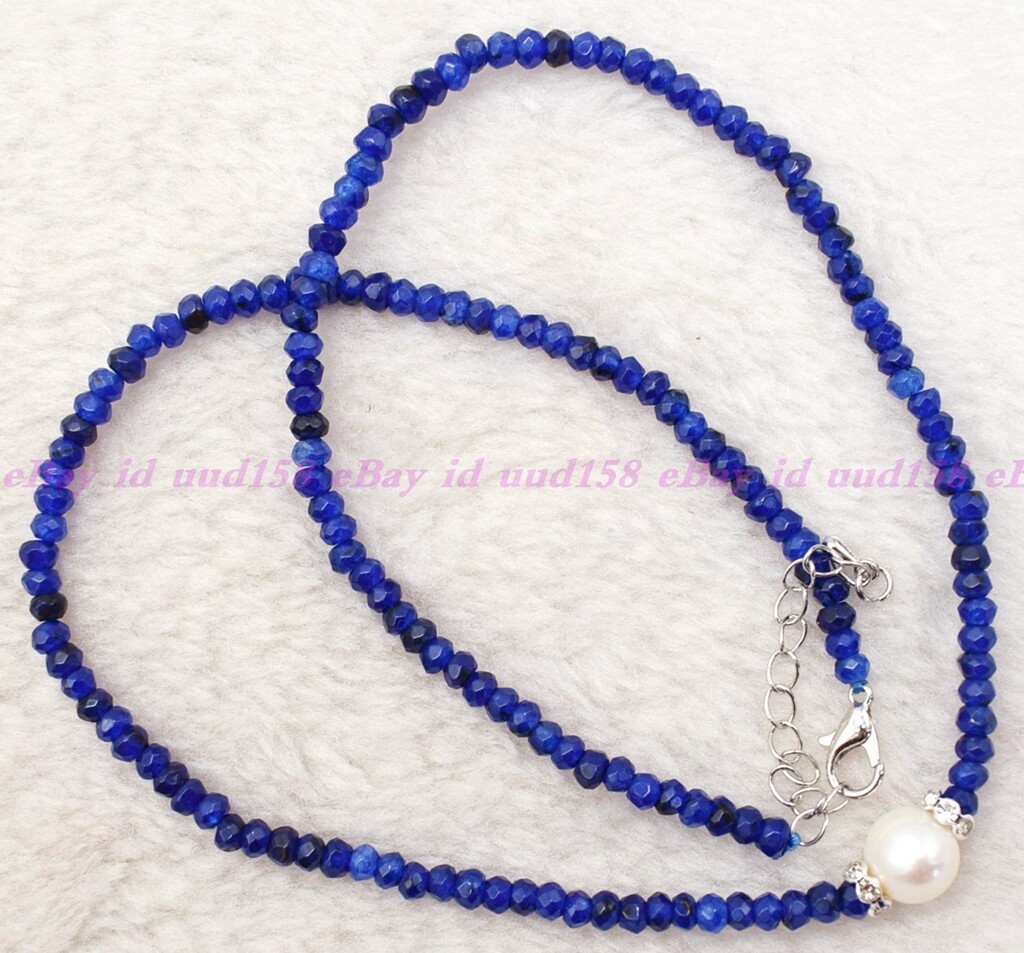 Natural Faceted 2x4mm Blue Jade Roundelle Gems White Pearl Necklace 16-28” AAA