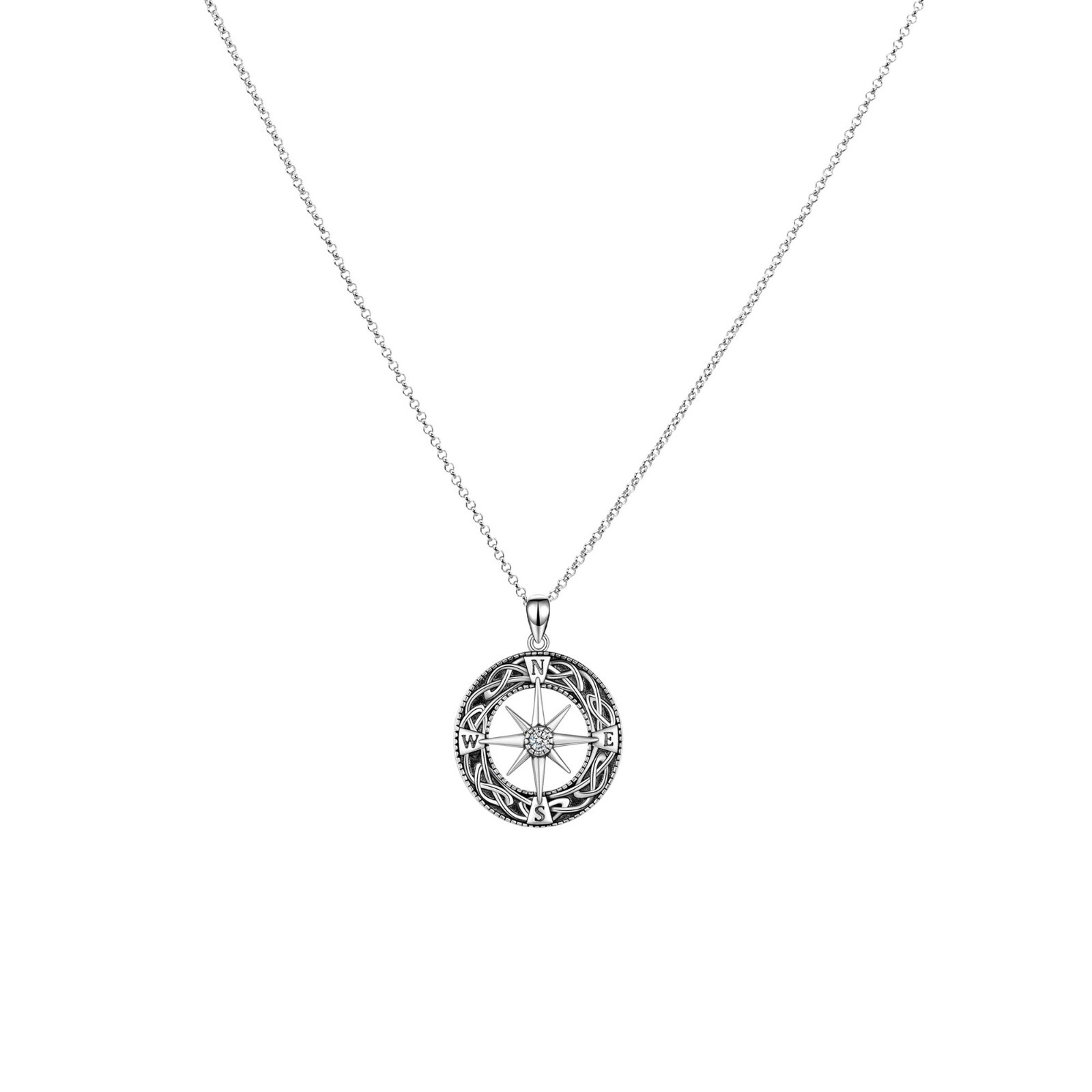 Runde Rolo Kette Halskette Anhänger Kompass Zirkon 925 Sterling Silber Dam/Herr
