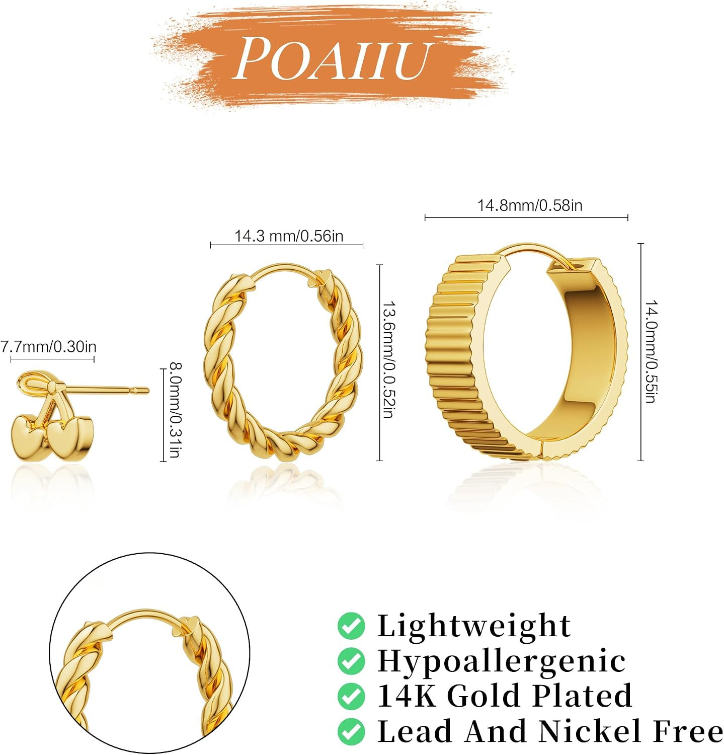Gold Hoop Earrings for Women，Chunky 14K Gold Plated Trendy Cz Pearl Dangle Huggi