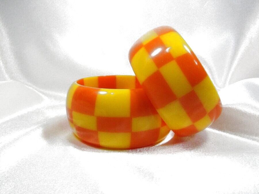 Lot of 2 Chunky Checker Board Checkered Orange Yellow Bangle Bracelets