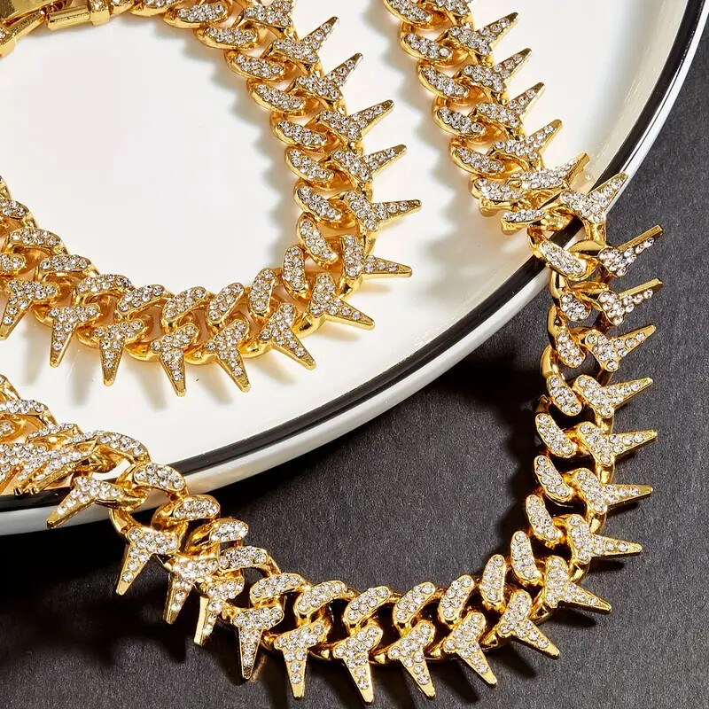 HIP HOP JEWELRY CUBIC ZIRCONIA ICED SPIKE CHAIN BLING BRACELET & NECKLACE SET