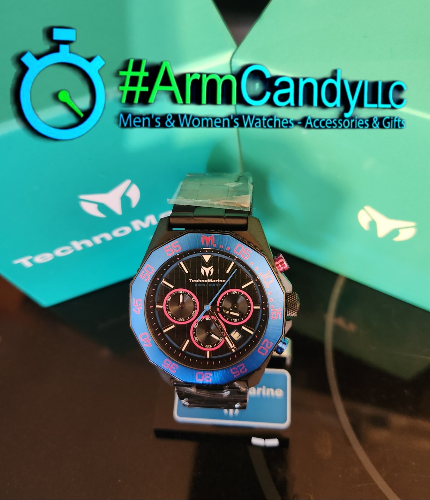 RARE! 44mm Mens TechnoMarine LEGENDS Watch Black-Blue-Pink Chronograph ONE LEFT!