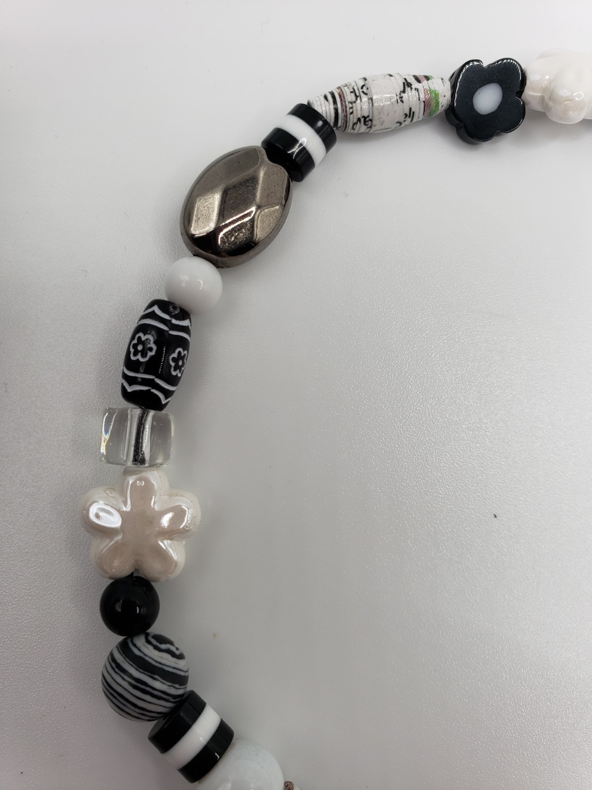 Handmade Black White Bead Necklace 21” Mixed Media OOAK Bead Soup Statement