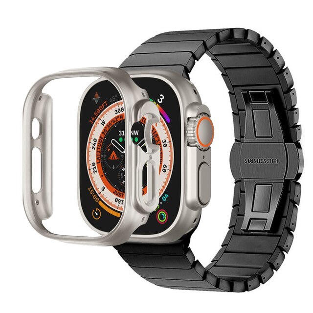 For Apple Watch Ultra 1/2 49mm Metal Strap + Case Stainless Steel Band PC Bumper