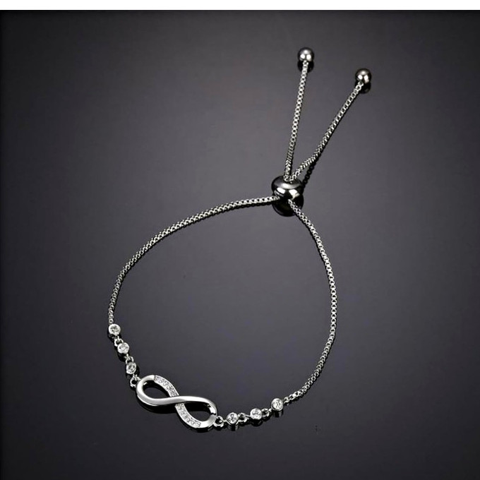 Infinity Dangle Charm Adjustable Slider Cable Chain Bracelet Silver Tone Crystal