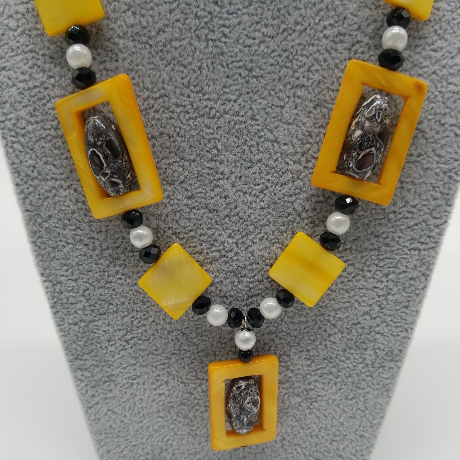 Vintage Square Beaded Yellow Black Gray Bohemian Style Necklace