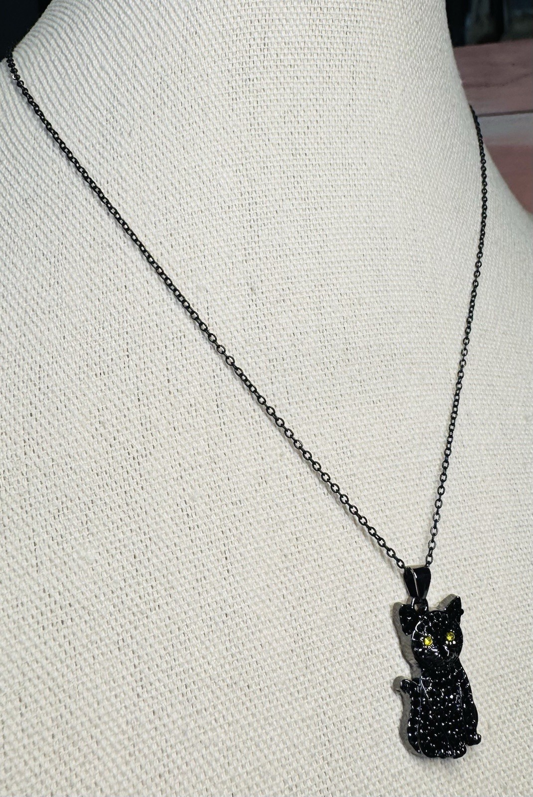 Adorable Black Rhinestone Kitty Cat Pendant On Black Chain Necklace