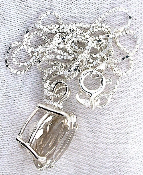 14mm Round Light Smoky Quartz Gemstone Sterling Silver Pendant Box Chain EBS42
