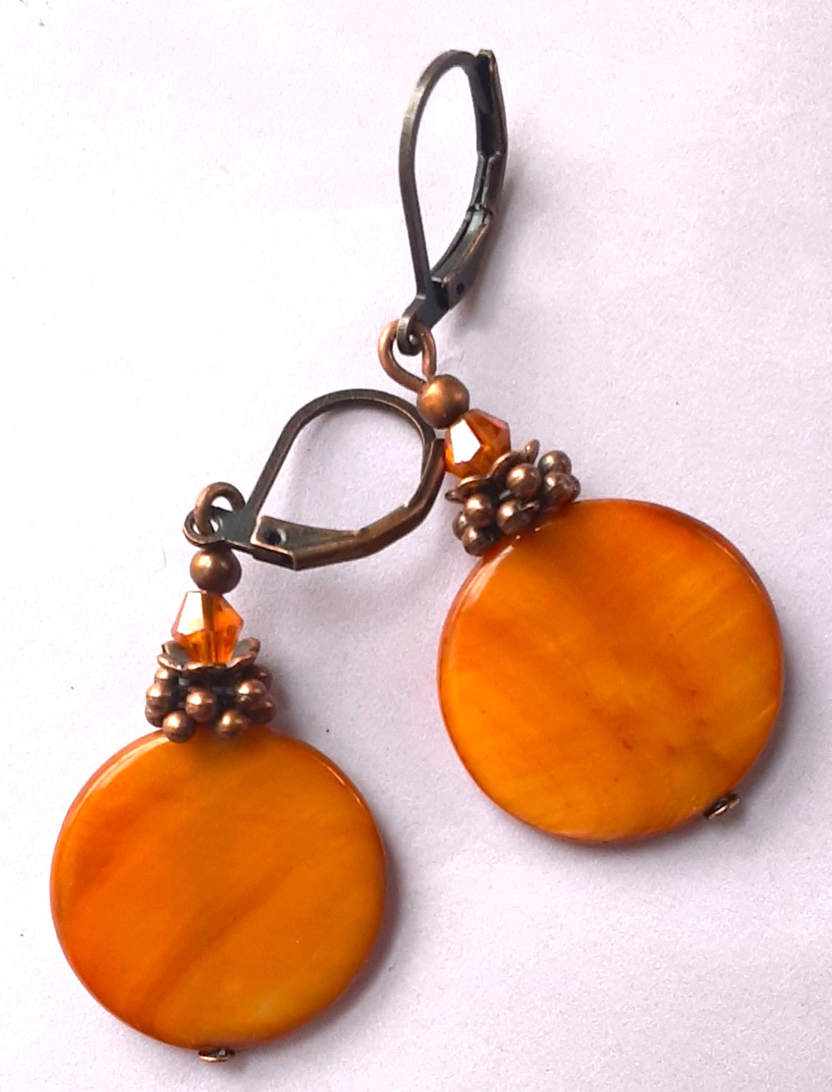 CARAMEL COLOR SHELL bicone crystal earring COPPER LEVERBACK artisan XX