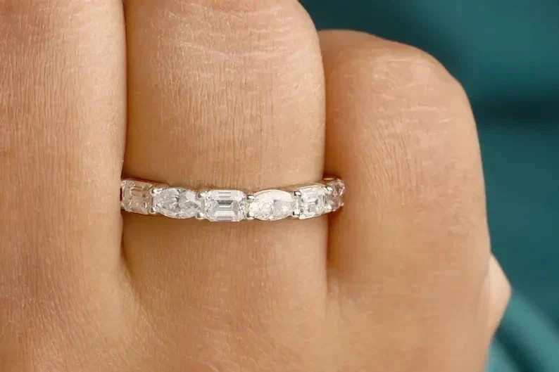 5.00Ct Oval & Emerald Cut Natural Diamond 14K White Gold Half Eternity Band Ring