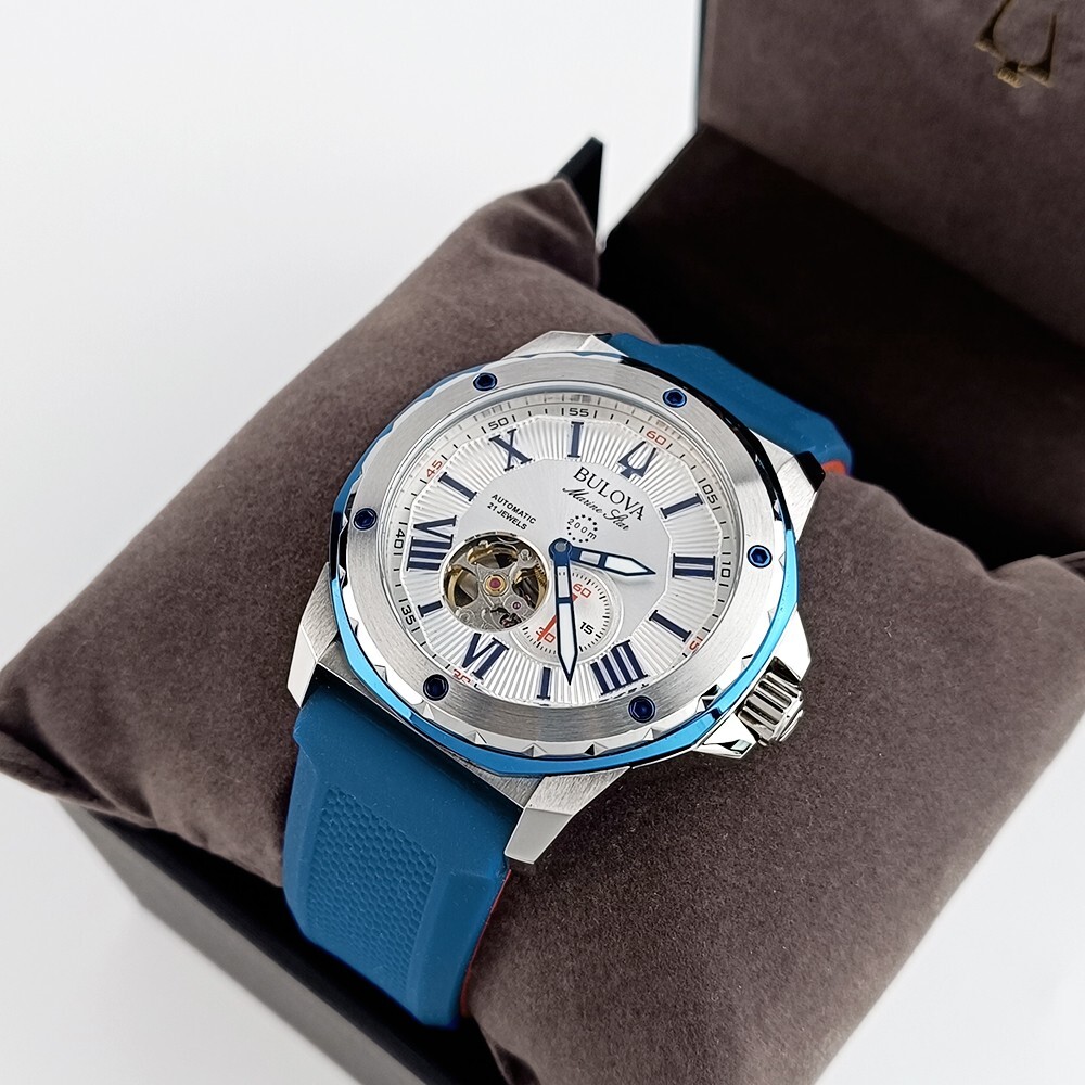 Bulova Marine Star White Dial Blue Rubber Strap 98A225 Automatic Men Watch 45mm