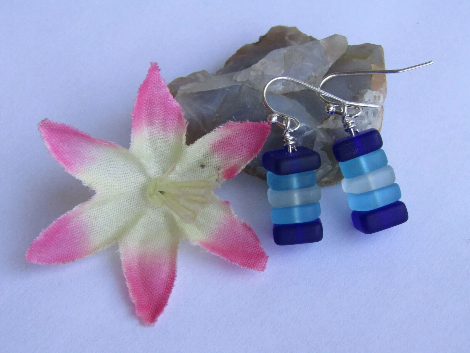 Stacked Blue & White Sea Glass Pebble Earrings Silver Plated, Beach Lover