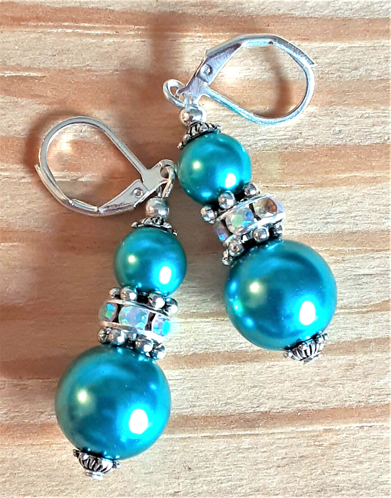 double AQUA GLASS PEARL AB Rhinestone earring SP Leverback handcrafted WPGL6