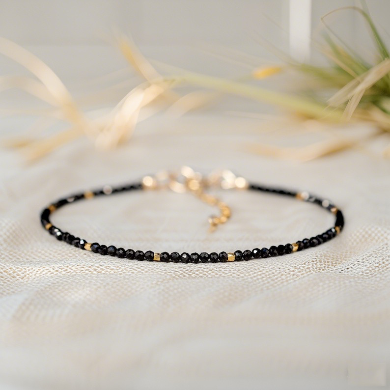 Black Tourmaline Faceted TIny Beads Healing Crystal Dainty Minimalist Bracelet